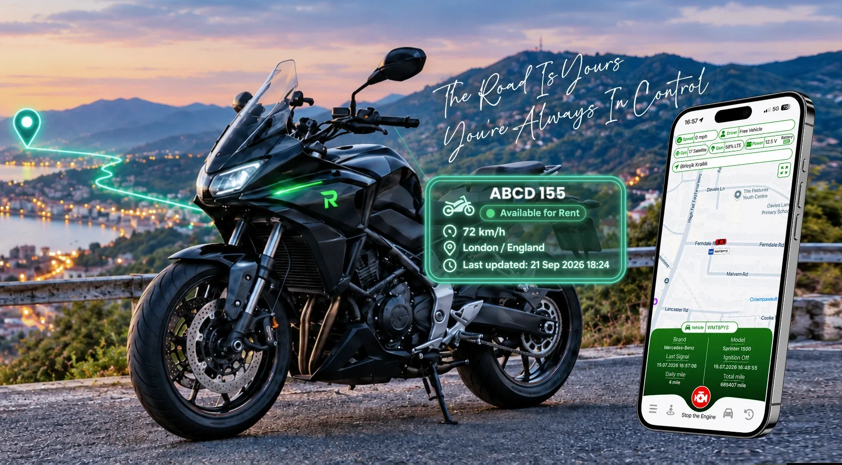 Rubikas motorcycle tracking system: motorcycle, live location card and mobile app