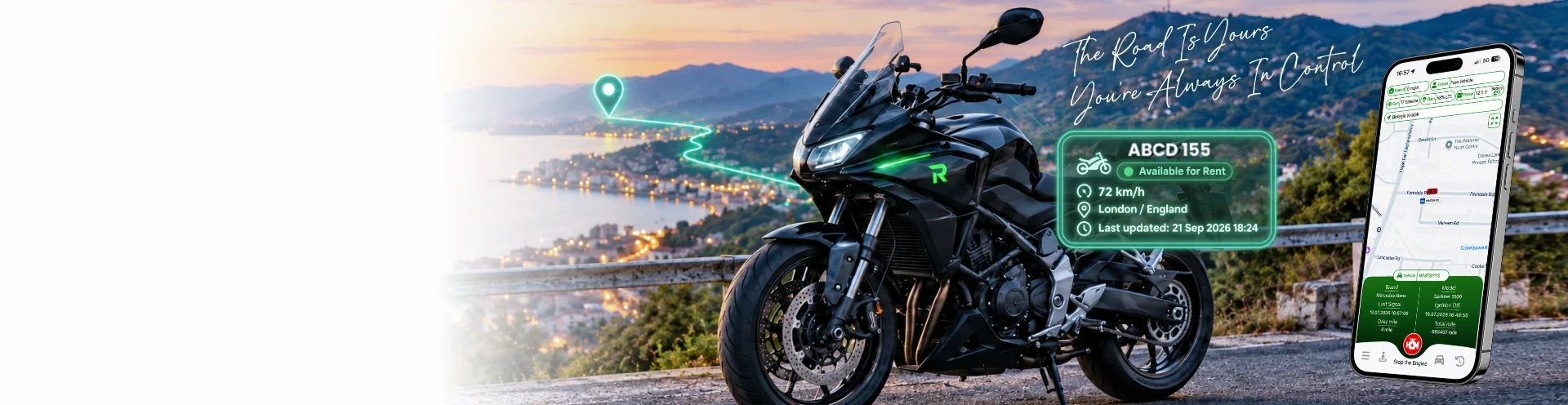 Rubikas motorcycle tracking system: motorcycle, live location card and mobile app