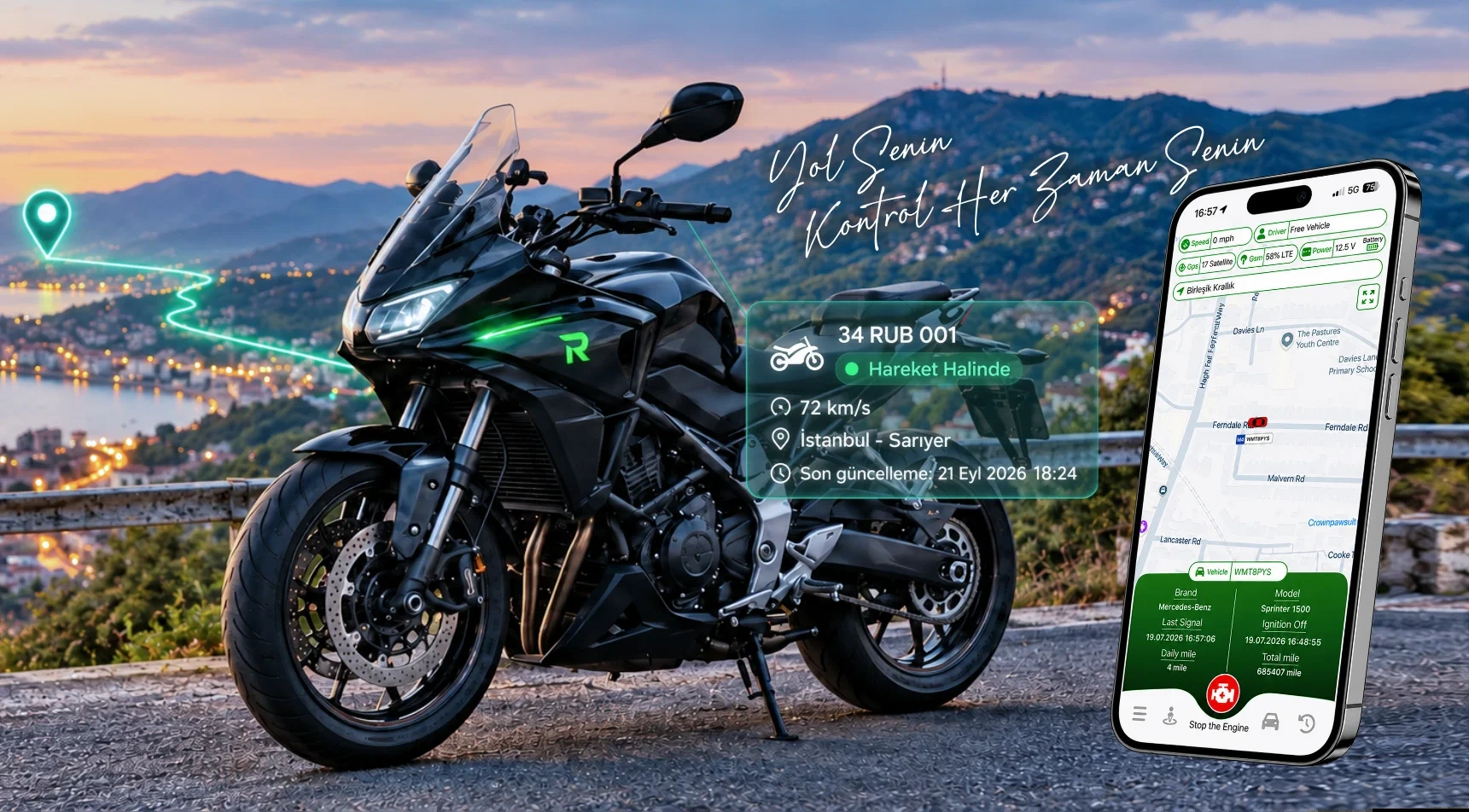 Rubikas motosiklet takip sistemi: motosiklet, canlı konum kartı ve mobil uygulama
