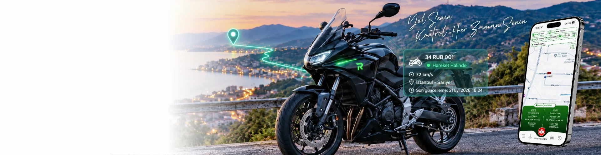 Rubikas motosiklet takip sistemi: motosiklet, canlı konum kartı ve mobil uygulama